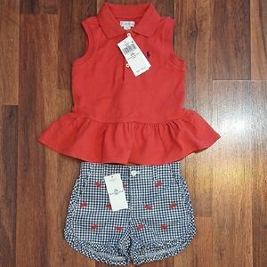 Ralph Lauren Red Sleeveless Peplum Polo with Navy Gingham Shorts